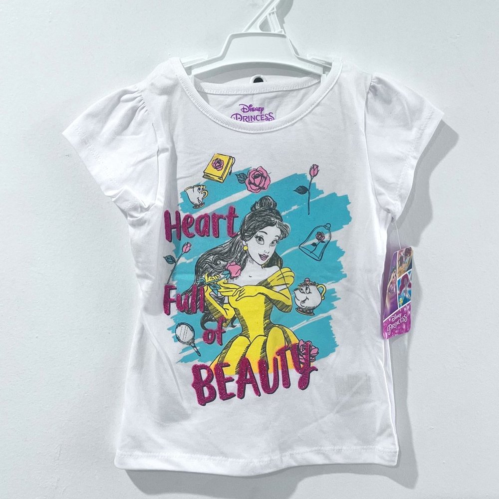 Disney Belle Beauty & The Beast Heart Full of Beauty White Glitter Girls T-Shirt